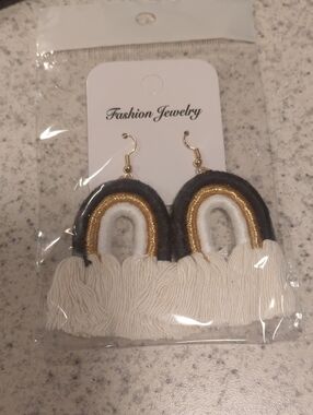 Fashion Jewelry Cream, Gold & Black Rainbow Fringe Earrings